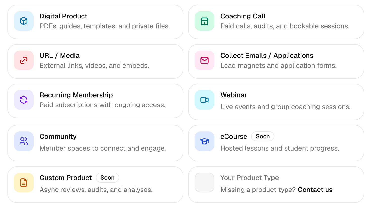 Storelane product picker showing digital products, coaching, webinars, and eCourse marked as coming soon