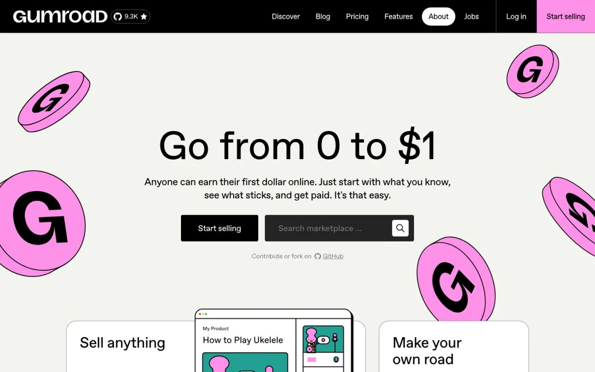 Gumroad public homepage for selling digital products